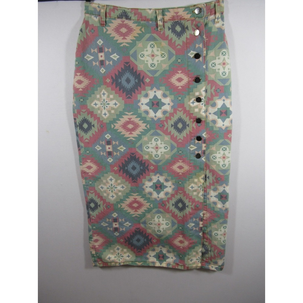 Vintage 90s Aztec Southwestern Print Maxi Denim Skirt Stefano Junior Size 13